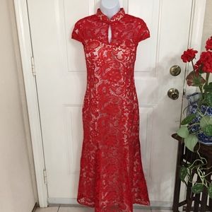 Red Lace Chinese Lace Up the Back Dress qiapoa